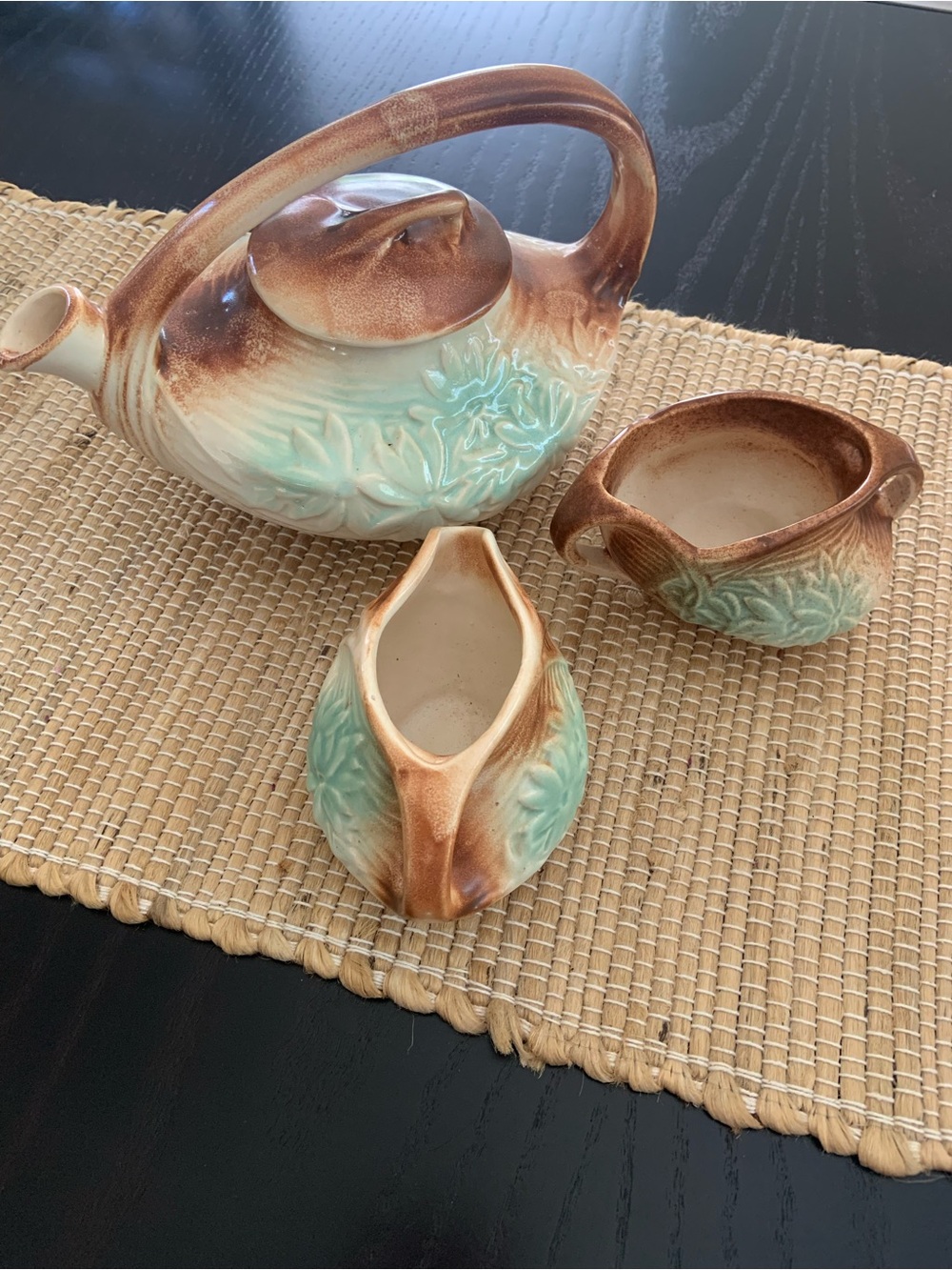 McCoy Vintage Ceramic Teapot and Creamer Set in Aqua and eBrown -